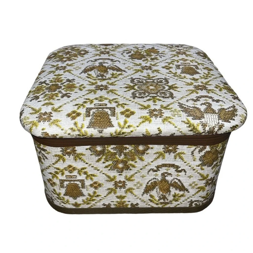 VTG MCM Redmon Sewing box basket Supplies eagles Bells Tray Insert Gold Cream